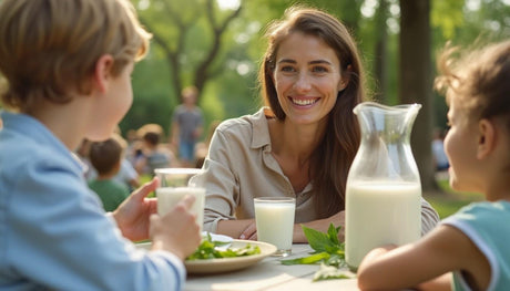 brunette woman with 2 children enjoying hemp milk